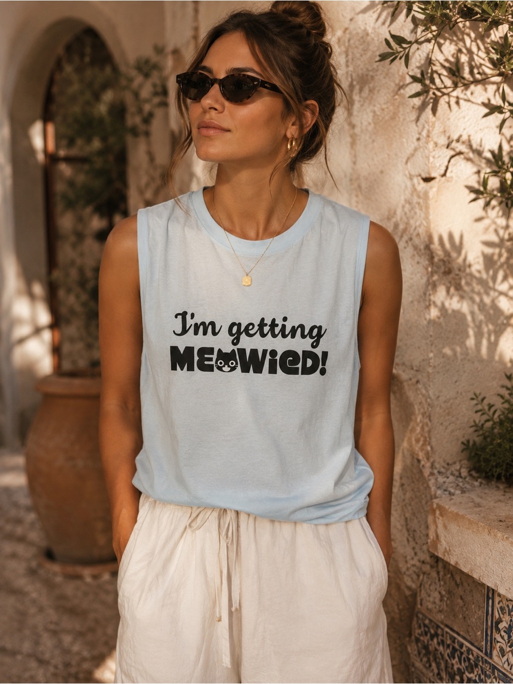 970. Modern Lux Light Blue "I'm Getting Meowied!" Graphic Tank